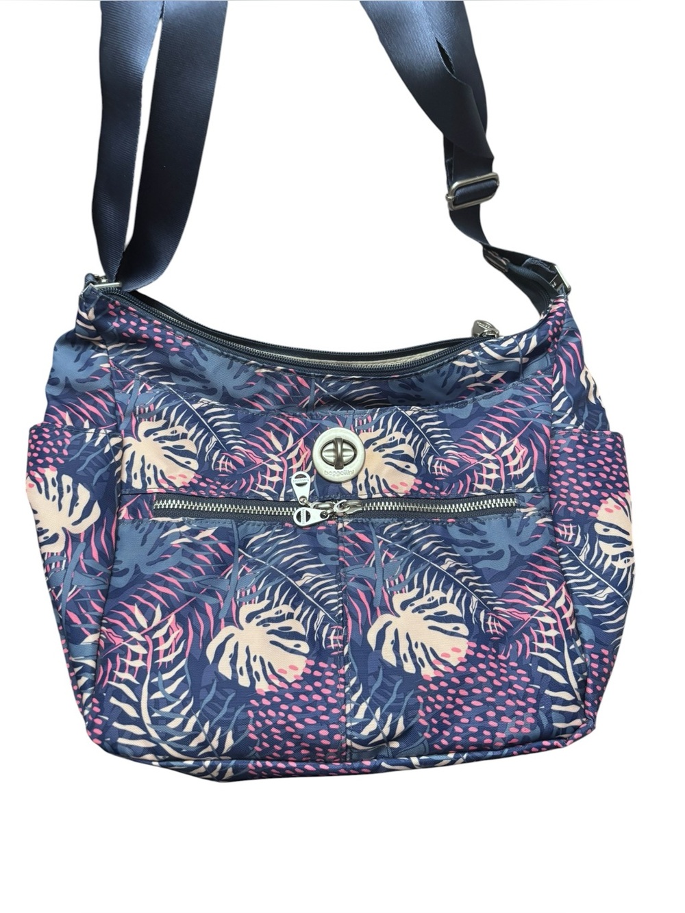 Baggallini Blue and Pink Leaf-Print Crossbody Bag - Picture 1 of 1